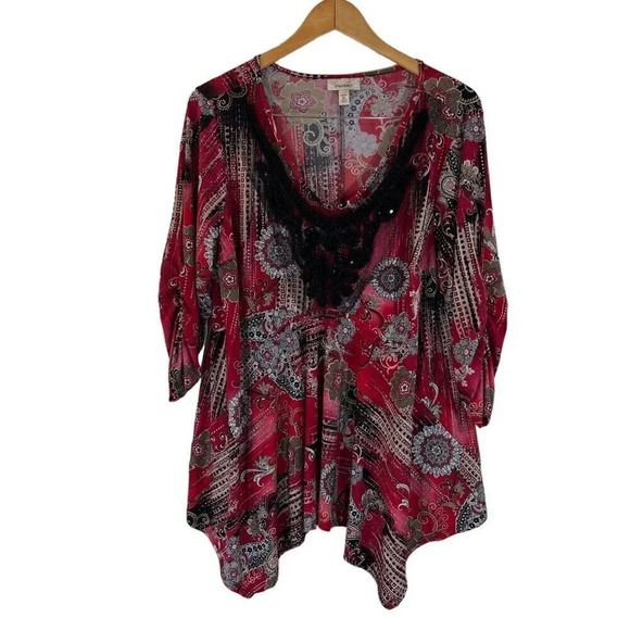 Dressbarn Embellished Trim Tunic Plus 2X Floral Sequins 3/4 Ruched Sleeves Flowy - Picture 1 of 11